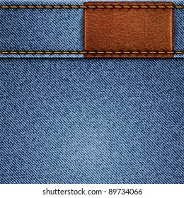 Jeans texture with leather label. Vector eps10 background