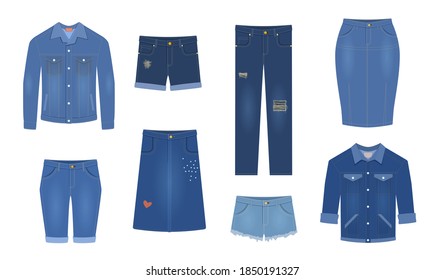 Jeans. Trendy denim garment different types blue female jeans pants, cotton jacket and shirt, shorts and skirts fashion breeches. Apparel stylish casual clothes collection vector isolated clothing set