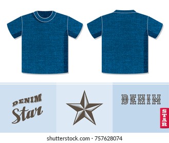 Jeans T-Shirt Vector Template with Denim Retro Logos Lettering Front and Back View of the Unisex Garment Design - Indigo Blue and Warm Grey Elements on White Background - Flat Graphic Style