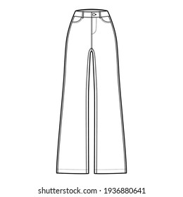 Jeans wide leg Denim pants technical fashion illustration with full length, normal waist, 5 pockets, Rivets, belt loops. Flat bottom template front, white color style. Women, men, unisex CAD mockup