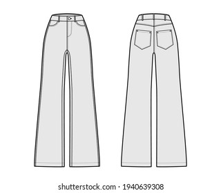 Jeans wide leg Denim pants technical fashion illustration with full length, normal waist, high rise, 5 pockets, Rivets, belt loops. Flat template front, back, grey color style. Women, men CAD mockup
