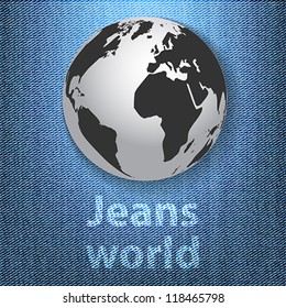 Jeans world concept with the globe on denim texture background. Vector illustration
