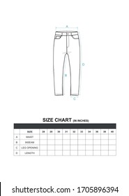 Jeans With Zipper Leg, Line Sketch And Size Chart