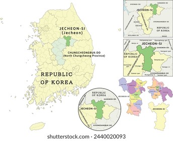 Jecheon-si (Jecheon) location on Chungcheongbuk-do (North Chungcheong Province) and Republic of Korea (South Korea) map. Clored. Vectored