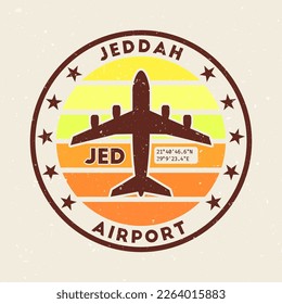 Jeddah airport insignia. Round badge with vintage stripes, airplane shape, airport IATA code and GPS coordinates. Authentic vector illustration.