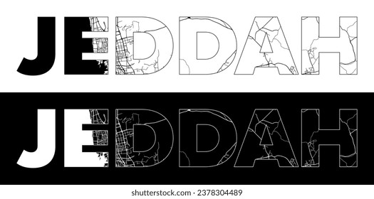 Jeddah City Name (Saudi Arabia, Asia) with black white city map illustration vector