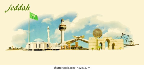 JEDDAH city panoramic vector water color illustration