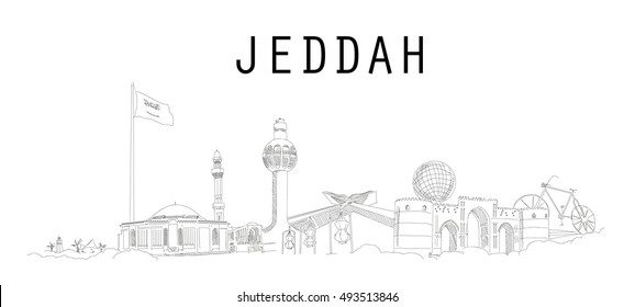 JEDDAH city vector hand drawing sketch style panoramic illustration