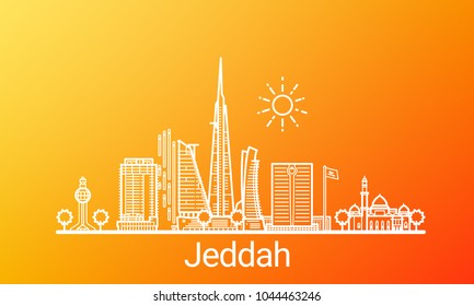 Jeddah city white line on colorful background. All Jeddah buildings - customizable objects with opacity mask, so you can simple change background. Line art.