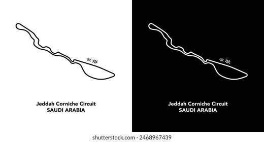 Jeddah Corniche Circuit for autosport and motorsport. Vector isolated editable race map on white and black background