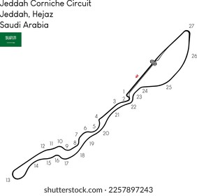 "Jeddah Corniche Circuit" in Jeddah, Hejaz, Saudi Arabia. Vectorial art circuit with real asphalt limits, turns and turn names. Car racetrack and formula version. Saudi Arabia GP.