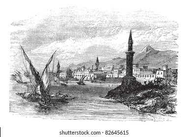 Jeddah or Jiddah or Jidda or Jedda in Saudi Arabia, during the 1890s, vintage engraving. Old engraved illustration of Jeddah with moving boats in front.  Trousset encyclopedia (1886 - 1891).