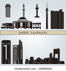 Jeddah landmarks and monuments isolated on blue background in editable vector file