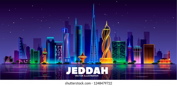 Jeddah night skyline (Saudi Arabia). Vector illustration. Business travel and tourism concept with modern buildings. Image for banner or web site