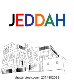 Jeddah old building. Capacity architecture famous Saudi Arabia artwork. Historical place in KSA. Authentic Traditional Arabian Houses Vector Illustrations Set. Ancient Buildings Of Jeddah.