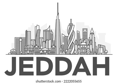 Jeddah, Saudi Arabia architecture line skyline illustration. Linear vector cityscape with famous landmarks, city sights, design icons. Landscape with editable strokes.