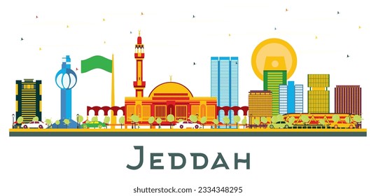 Yeda en Arabia Saudita Línea de la ciudad con edificios de color aislados en blanco. Ilustración vectorial. Concepto de viajes de negocios y turismo con edificios modernos. El paisaje urbano de Jeddah con monumentos.