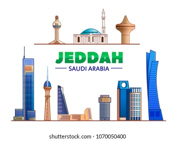Jeddah, ( Saudi Arabia ) landmarks vector illustration on white background. Business travel and tourism concept with modern buildings. Image for presentation, banner, web site.