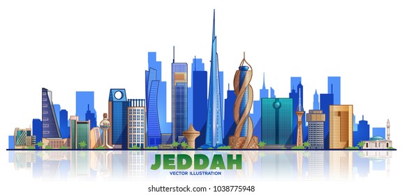 Jeddah (Saudi Arabia ) line skyline with panorama in white background. Vector Illustration. Business travel and tourism concept with modern buildings. Image for presentation, banner, web site.