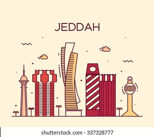 Jeddah skyline, detailed silhouette. Trendy vector illustration, linear style