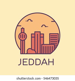 Jeddah skyline detailed silhouette. Trendy vector illustration, linear style.