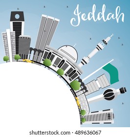Jeddah Skyline with Gray Buildings, Blue Sky and Copy Space. Vector Illustration. Business Travel and Tourism Concept with Modern Buildings. Image for Presentation Banner Placard and Web Site.