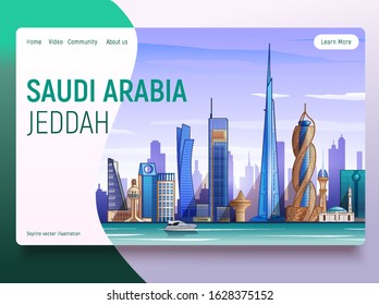 Jeddah skyline. Landing Page Template. Flat vector illustration with most famous buildings. Business travel and tourism concept with modern buildings. Image for banner or web site. Saudi Arabian