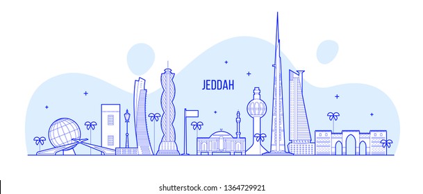 Jeddah skyline, Saudi Arabia. This illustration represents the city with its most notable buildings. Vector is fully editable, every object is holistic and movable