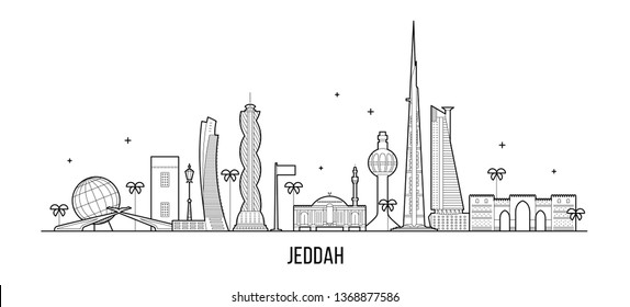 Jeddah skyline, Saudi Arabia. This illustration represents the city with its most notable buildings. Vector is fully editable, every object is holistic and movable