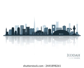 Jeddah skyline silhouette with reflection. Landscape Jeddah, Saudi Arabia. Vector illustration.