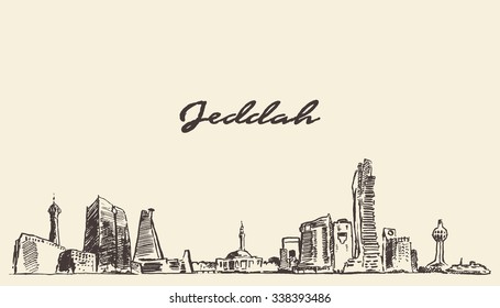 Jeddah skyline, vector engraved illustration, hand drawn