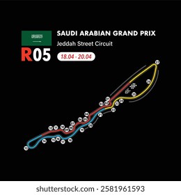Jeddah Street Circuit 2025 map, vector isolated illustration for racing calendar, ready to print