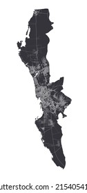 Jeddah vector map. Detailed vector map of Jeddah city administrative area. Cityscape poster metropolitan aria view. Black land with white streets, roads and avenues. White background.