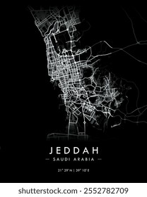 Jeddah vetor imprimir mapa em tema escuro. Mapa detalhado de Jeddah em Arábia Saudita. Melhor ilustração de vetor livre. Mapa de rua minimalista decorativo turístico.