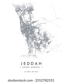 Mapa de impressão vetorial de Jeddah. Mapa detalhado de Jeddah em Arábia Saudita. Melhor ilustração de vetor livre. Mapa de rua minimalista decorativo turístico.