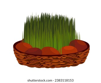 Jedjili,georgian Easter eggs and sprouted green young grass.Georgian Easter table,Supra.Caucasian Kartuli national Symbol of Religious Holiday,Sakartvelo traditions.Flat vector illustration isolated