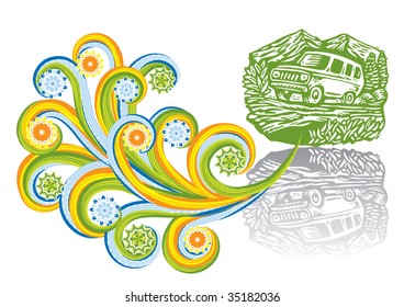 The jeep in abstract collage. Format A4. Vector illustration. Isolated groups and layers. Global colors.