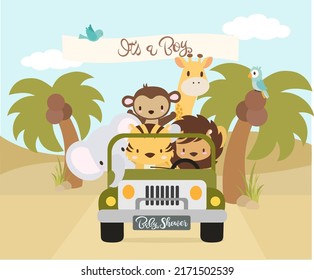 Jeep with cute jungle animals and palm trees and a parrot for a boy baby shower