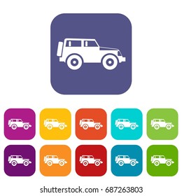 Jeep icons set vector illustration in flat style in colors red, blue, green, and other