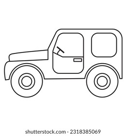 Jeep for little kids. A coloring page with a cartoon-style flat vector illustration of a Jeep depicted in a side view. The lines are bold, and uniform in thickness. 