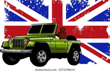 Jeep with london flag vector flat illustration