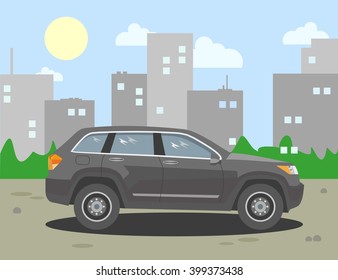 Jeep on the background of the city. Vector illustration.