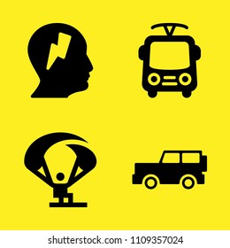 jeep, parachute, profile and trolleybus vector icon set. Sample icons set for web and graphic design