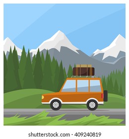 Jeep rides on off-road trail, background of mountains and forests. Active outdoor recreation with family. car. Vehicle SUV. Roof luggage. Beautiful landscape. vector car. flat design jeep illustration