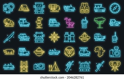 Jeep safari icons set. Outline set of jeep safari vector icons neon color on black