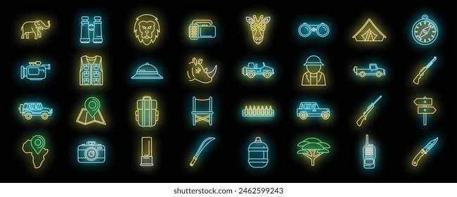 Jeep safari icons set outline vector. Car vehicle. Transport trip neon color on black