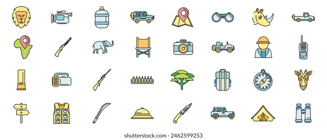 Jeep safari icons set outline vector. Car vehicle. Transport trip thin line color flat on white