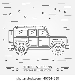 Jeep thin line.  Jeep travel grey and white vector pictogram isolated on white. Summer family travel concept. Vector illustration.  