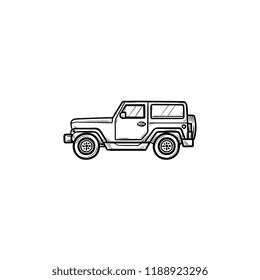 Jeep travel hand drawn outline doodle icon. Summer travel and vacation, adventure and crossover concept. Vector sketch illustration for print, web, mobile and infographics on white background.