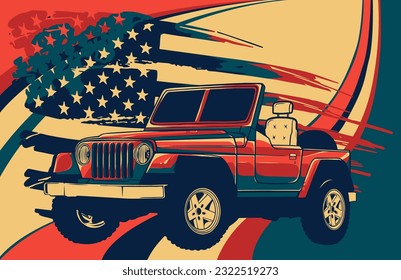Jeep with usa flag vector flat illustration